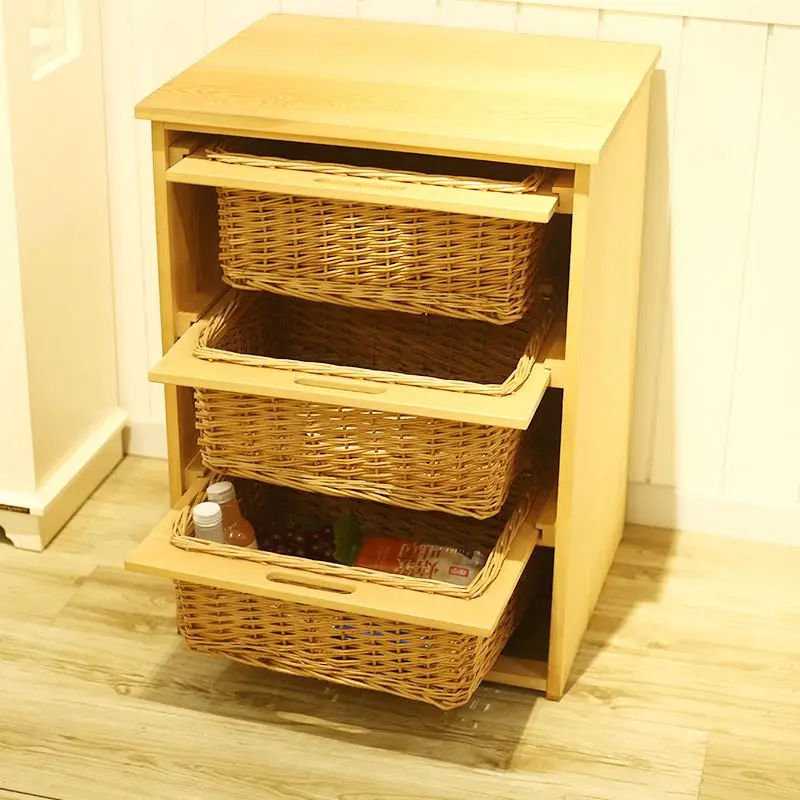 Cheap Manual Wicker Basket Drawers With Handle Wooden Cabinet For Home Storage