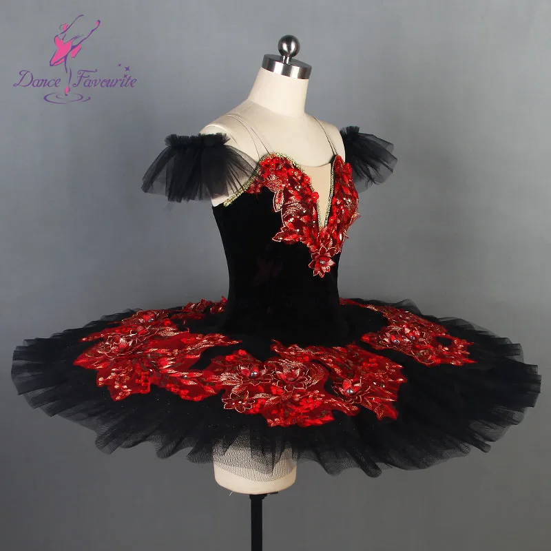 Black swan professional ballet costume velvet bodice and 7 layers stiff tulle pancake tutu skirt BLL086