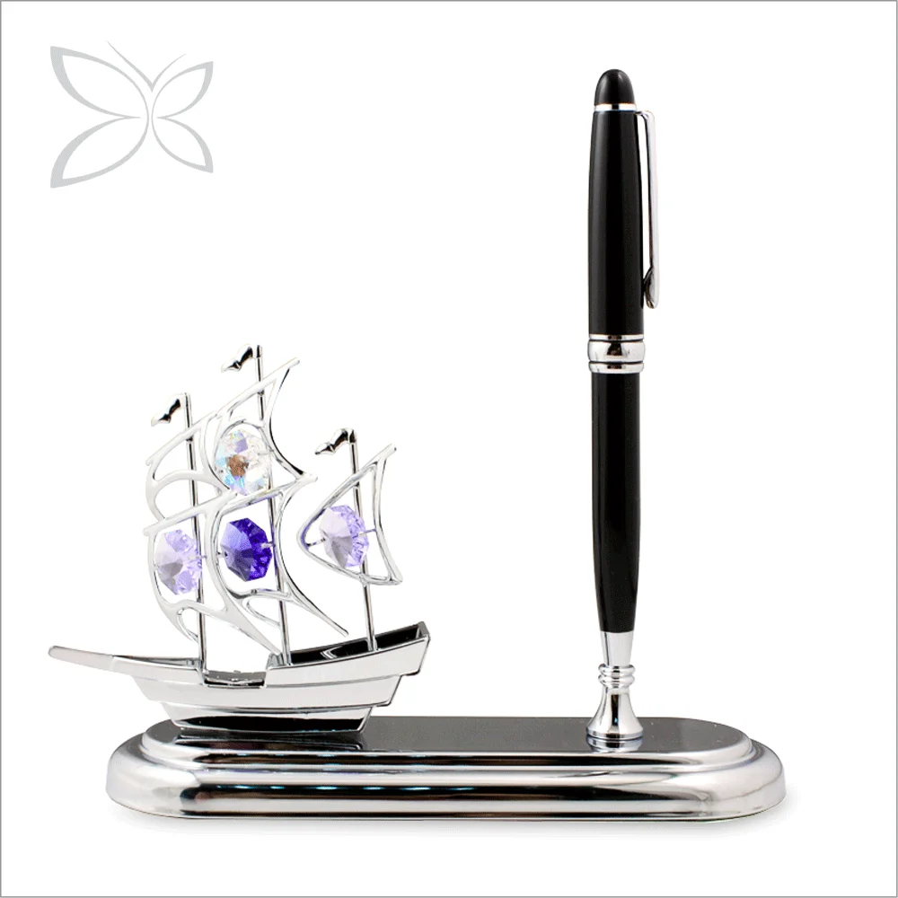 Crystocraft Chrome Plated Sailboat Decorated with Brilliant Cut Crystals Pen Holder