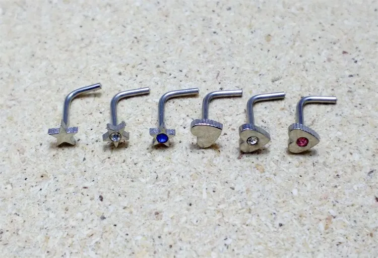 CZ Gem L Bend Nose Ring,3D Logo Steel Nose Pin Hot Sale