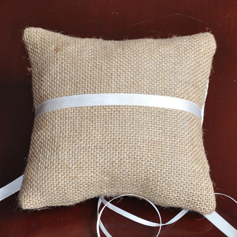 J08 Delicate Wedding Ring Pillow Khaki Linen Lace Butterfly Knotted Handmade Marriage Ring Pillow Cheap Wedding accessories