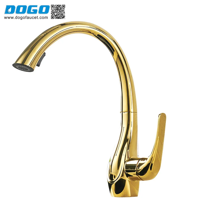 Elegant Gold Swan Style Pull Down Sprayer Single Lever Black Kitchen Sink Faucet DG-PK2009-GN