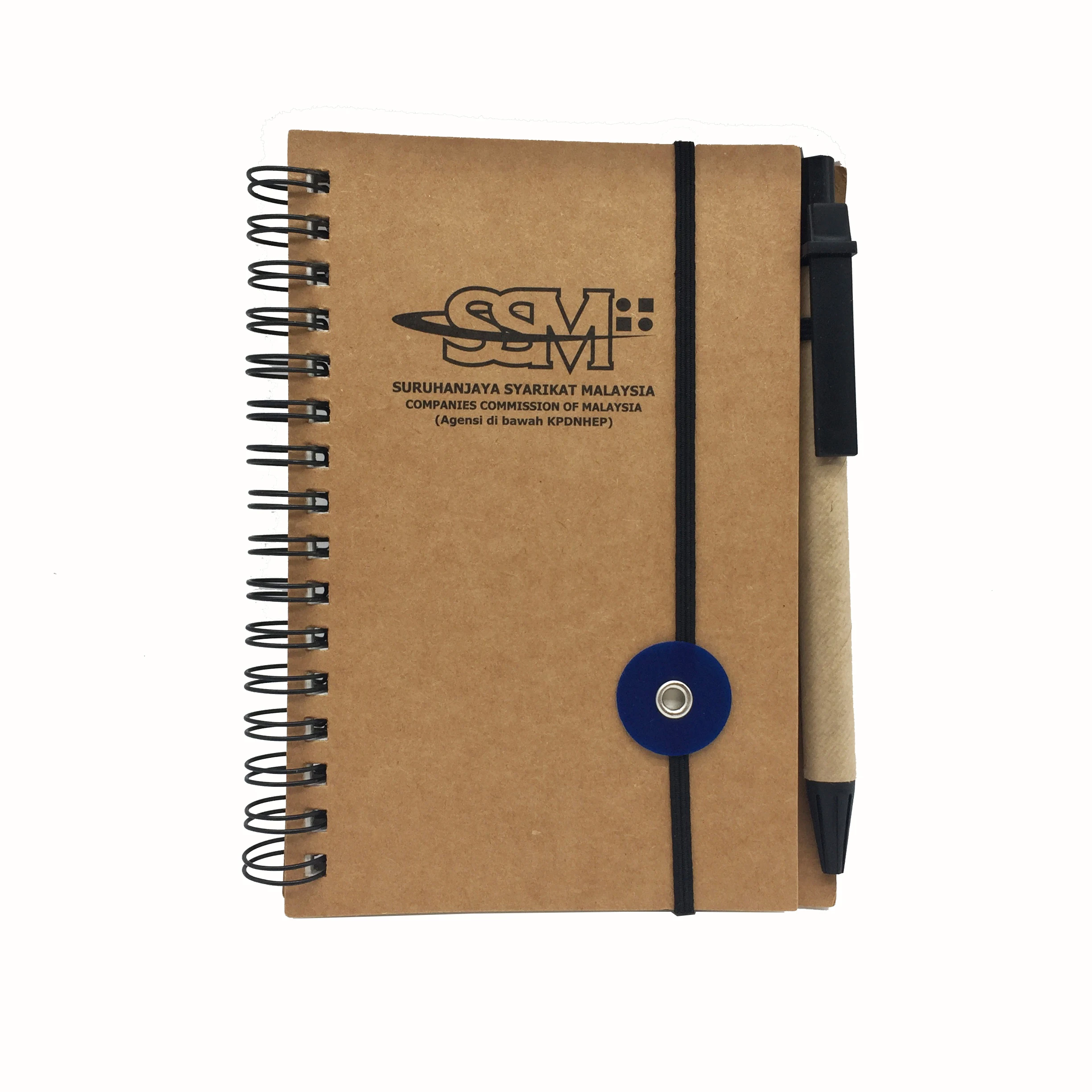 mini size kraft cover spiral notebook with pen,kraft paper notebook