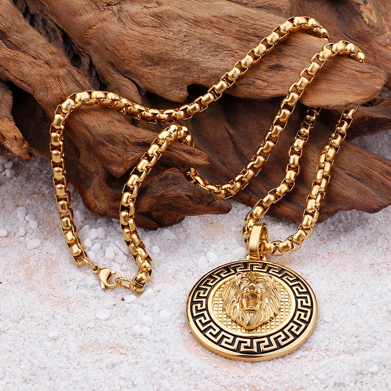 The Lion Heart CZ Round Pendant Men Necklace Accessories Jewelry