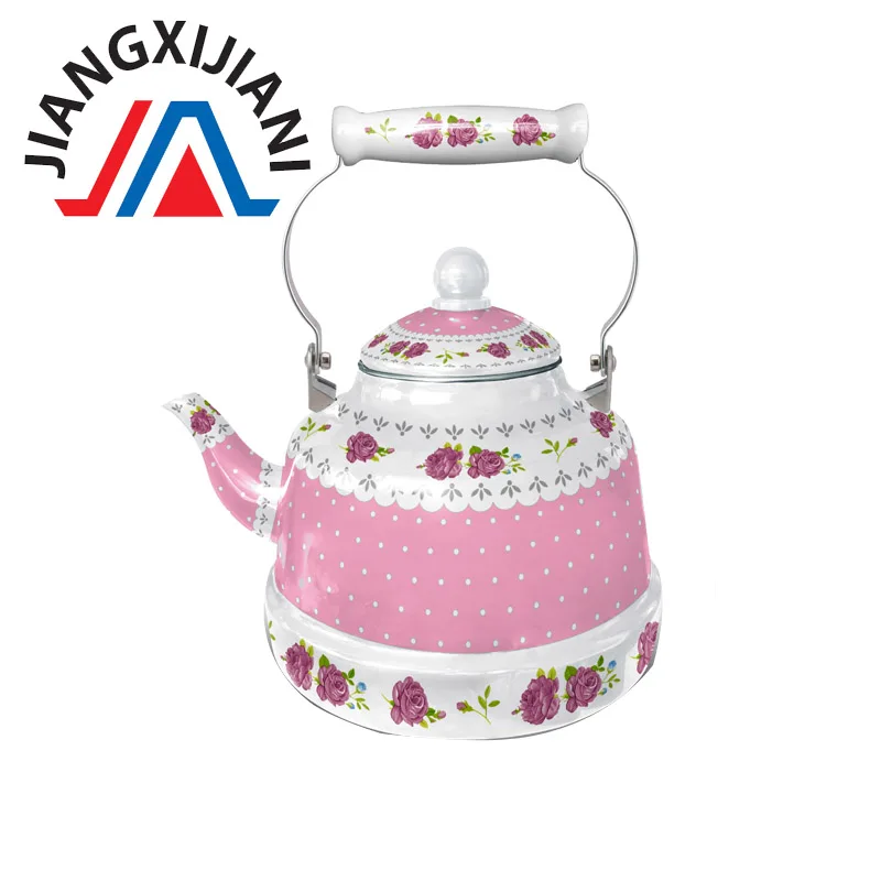
New Decal Pink Good quality enamel Kettle enamel nice decal teapot with ceramic handle 