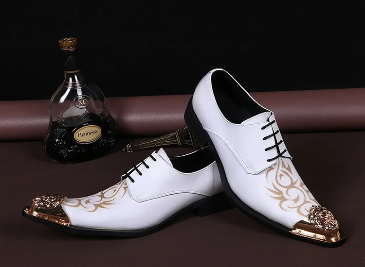  Модные мужские официальные туфли с принтом NA045 белые классические из натуральной кожи металлическим острым носком деловые вечерние большие размеры