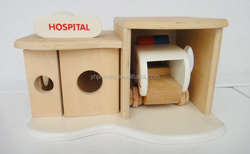 
Solid wood kids small wooden toy accessories hospital car 