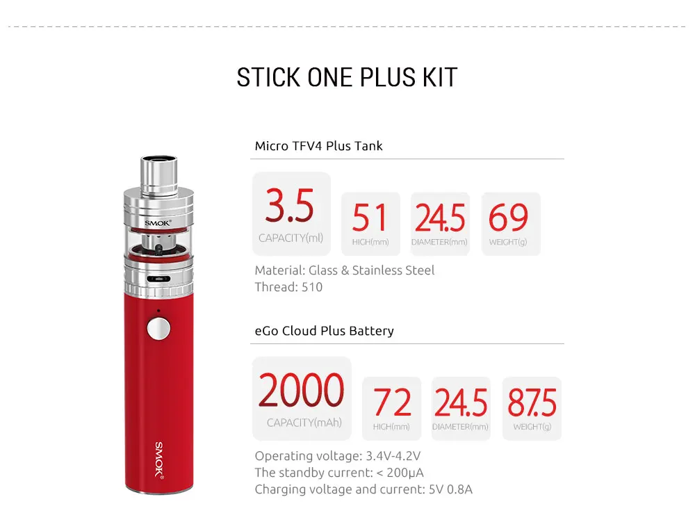 
High quality ecig starter kit SMOK 2200mah Stick One Basic Kit 2.0ml Nano TFV4 Tank black/white/red/silver Stick One Kit 