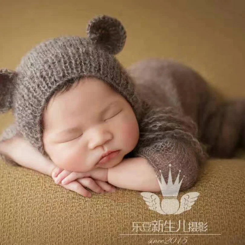 Wool clothes Cap Knitted Baby Teddy Bear Hat and footed Romper Crochet Baby Outfit Photography Props