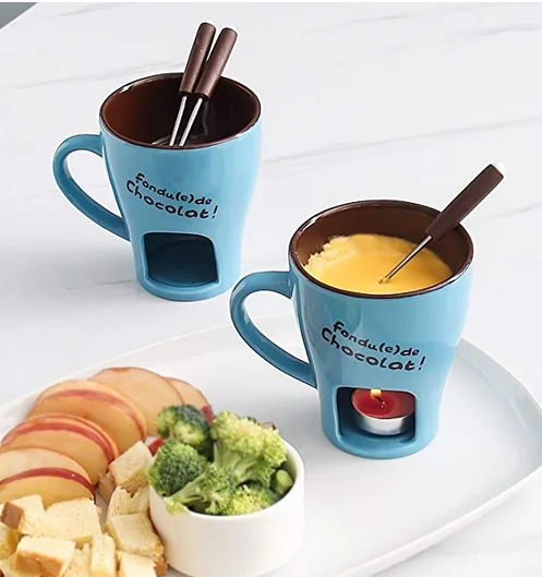 Switzerland popular blue color custom logo cheap mini fondue mugs chocolate fondue warmer