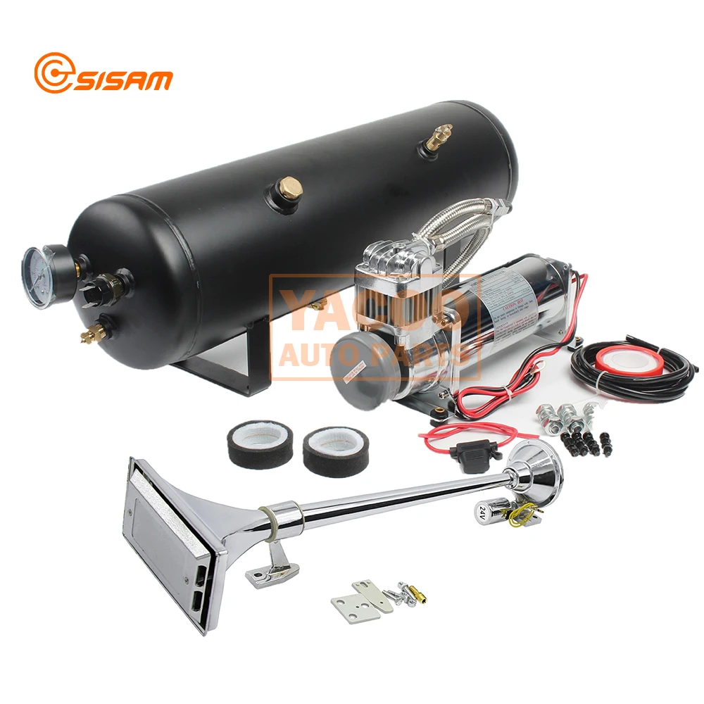12 V24v One Way Long Pipe Trumpet Air Horn and 12L Big Air Pressure  Compressor Tank Kit with Horn for Truck Boat Train