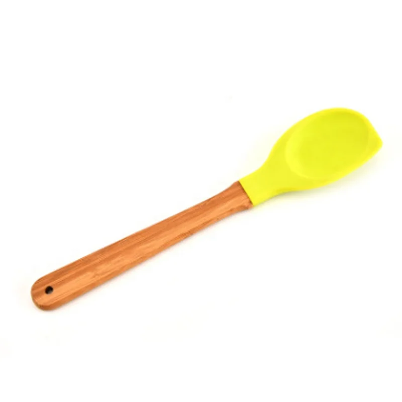 Classical red/yellow silicone head wooden handle spoonula and spoon set for making salad
