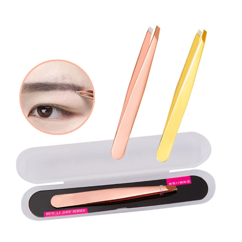
Stainless Steel Volume Private Label Eyelid Stickers False Eyelashes Clip Slanted Squared Tip Eyebrow Tweezers 