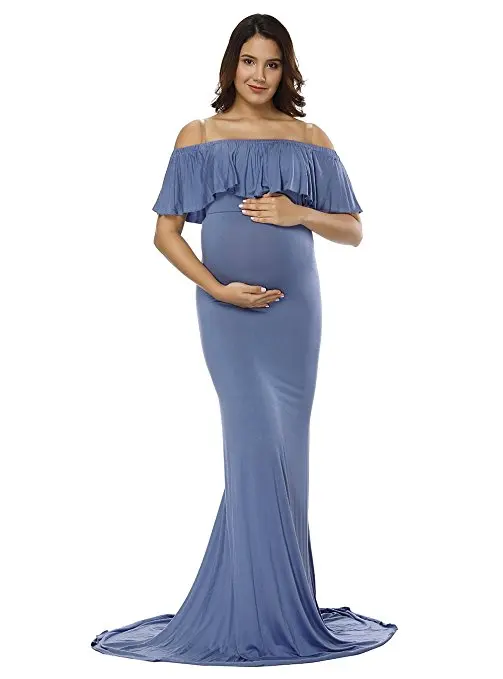 Denim Blue Maternity off Shoulder Long Sleeve Chiffon Gown Split Front Maxi Pregnancy Photography Dress for Photoshoot