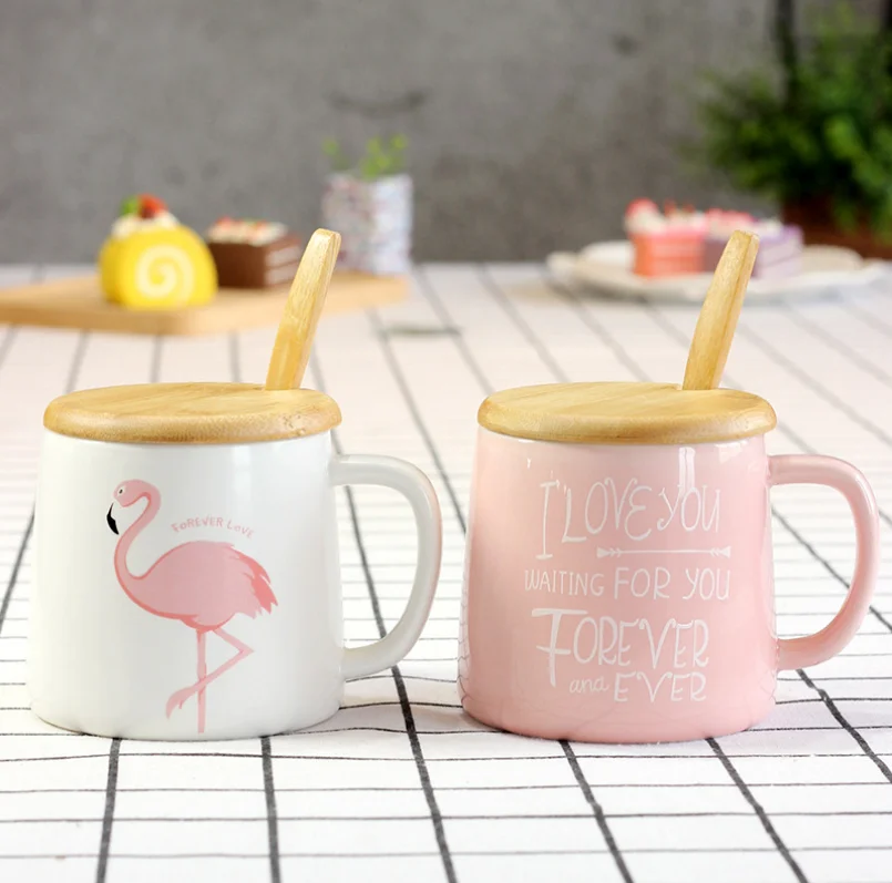 Flamingo Milk Mug with Lid Spoon Cute Ceramic Creative Coffee Mugs Porcelain Tea Cup Home Office Drinkware Gifts