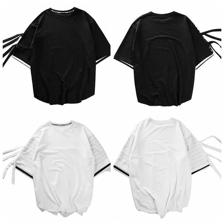 Wholesale OEM Fashion Extra Long Blank High Quality Stripe Decorate Hip Hop T Shirt