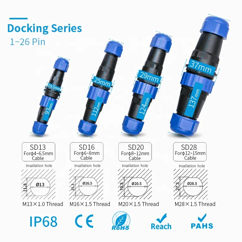 IP68 waterproof connector male & female SD SP13-16-20-28 2/4/5/6/7/9/14 3-pin  LED butt wire cable connector aviation plug