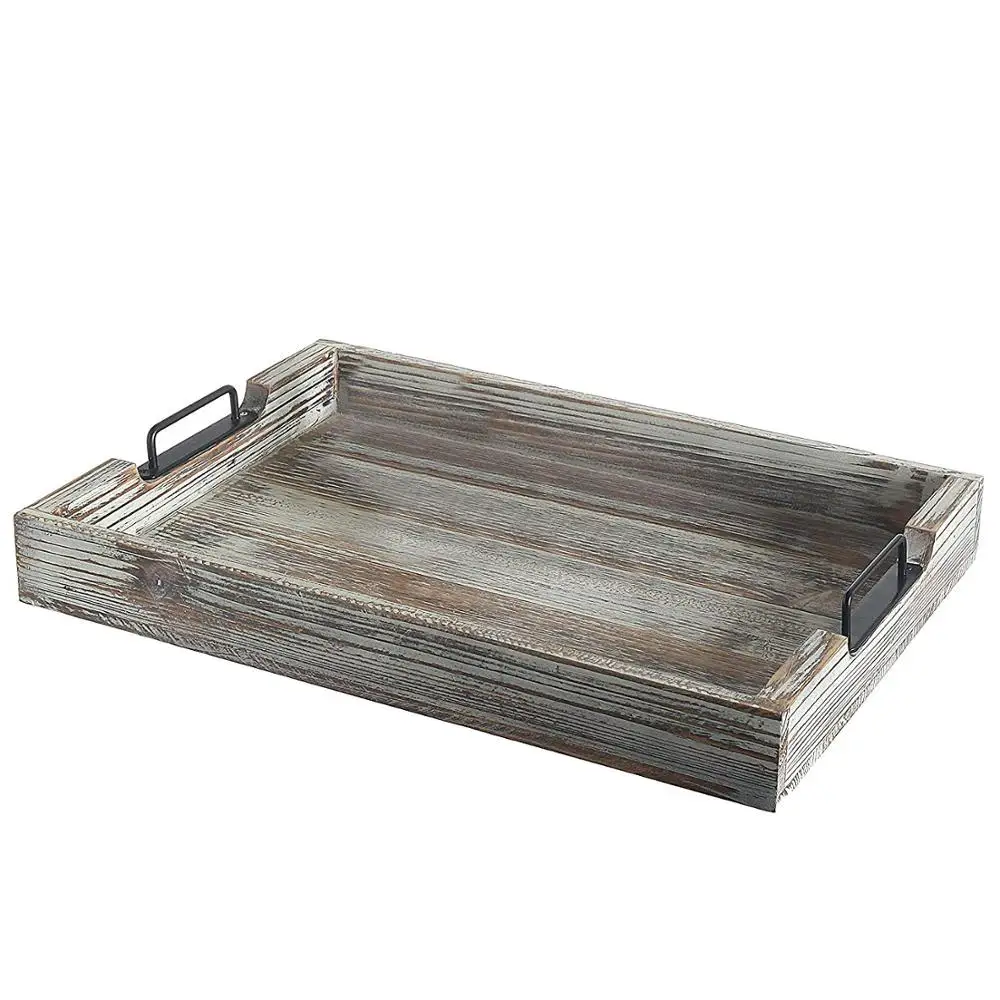 
Rustic Ottoman Rectangle Tray Whitewashed Coffee Table Serving Trays With Metal Handle 