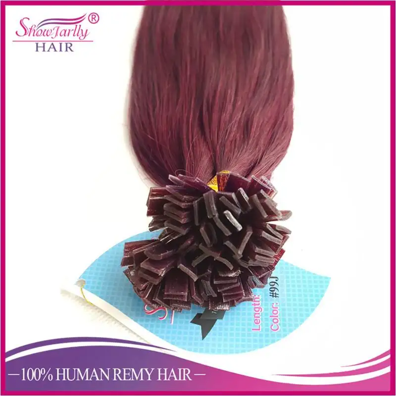 
Keratin hair extension russian human hair red plum wine color prebonded flat tip hair extensions 
