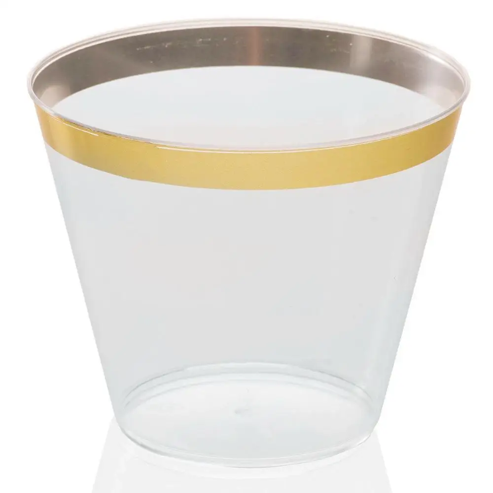 9 Oz  Gold rim Clear Plastic Cups Old Fashioned Tumblers Gold Rimmed Cups Fancy Disposable Wedding Cups