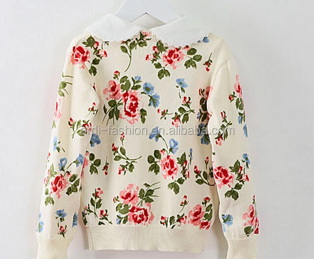 
fancy allover flowers printed handmade knitted sweater for baby girls 