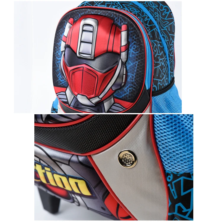 Hot sale 2 glitter wheels children rolling school backpack for boys, cool 3D cartoon action robot kids school bags with trolley