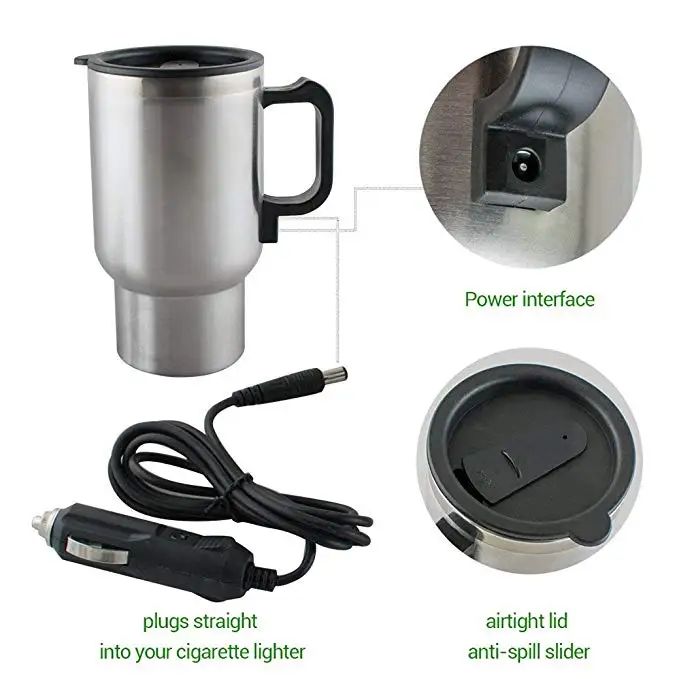 Heated Travel Mug Cup Stainless Steel In-Car Heated Coffee Mug for Heating Water, Coffee, Milk and Tea with Charger