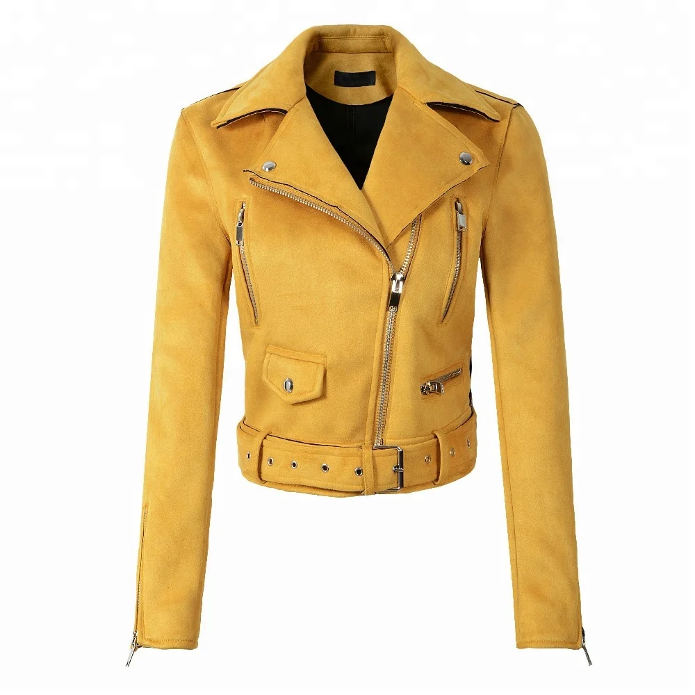 
Wholesale Slim Fit Fashion Yellow Cropped Lady Leather Suede Jackets 