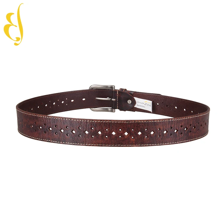 Custom Perforated casual men belt Vintage Genuine Full Grain Leather Belt with single needle buckle