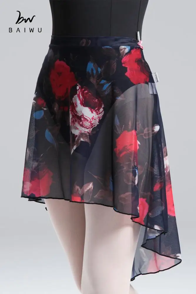 118143003 Baiwu Floral Elastic Waist Printing Dance Skirt Mesh Pull on Long Ballet Skirt