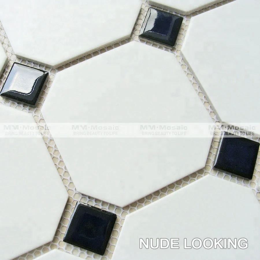 In stock 4' white mix black dot ceramic octagon mosaic floor tile for bathroom office design