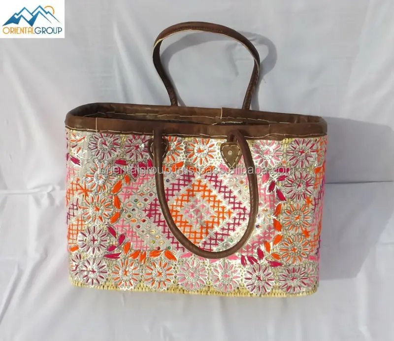 
Moroccan Handmade Pink multicolor Wicker basket 