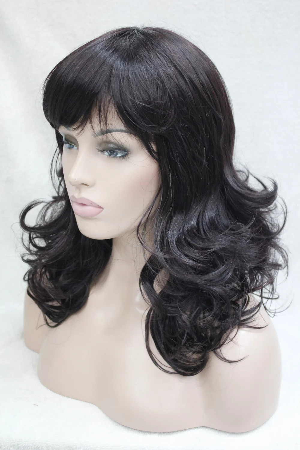 Hivision charming off black mix eggplant purple medium length curly women s bangs wig free shipping