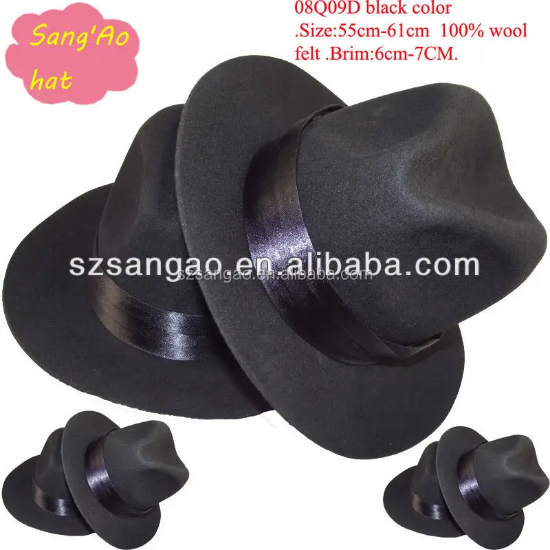 Black wool dress hat with satin fabric and leather sweatband