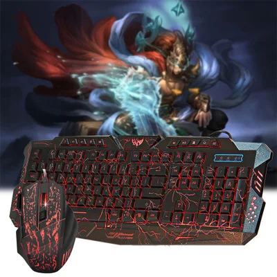 J10 USB cracked colorful three color backlight wired game keyboard set seven color luminescence game mouse keyboard