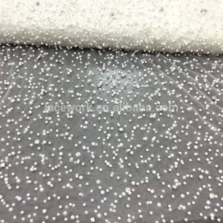 latest fashion french crystal beaded pearl lace fabric for wedding dress