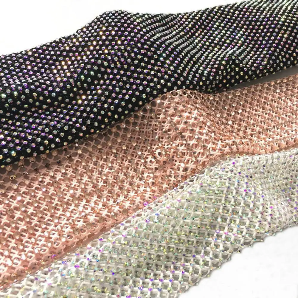 wholesale 3mm elastic rhinestone mesh crystal glass rhinestone gem net fabric