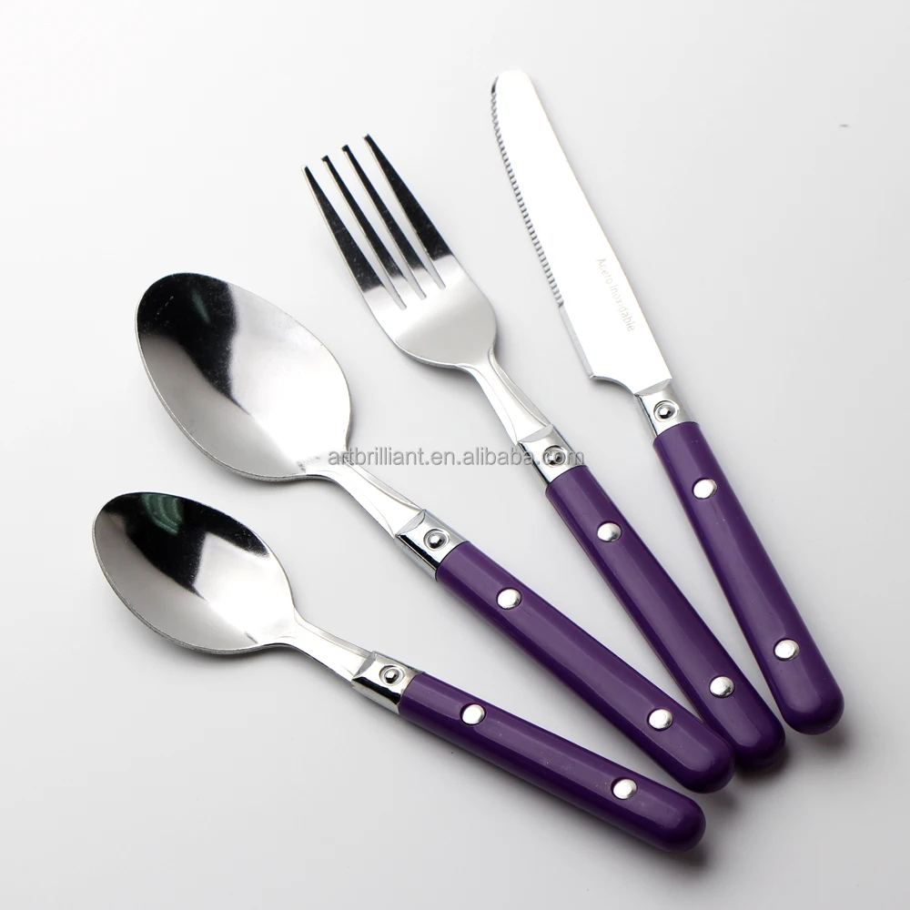 purple handle flatware set with plastic PET box tude 16pcs set Dishwasher safe for 4 people
