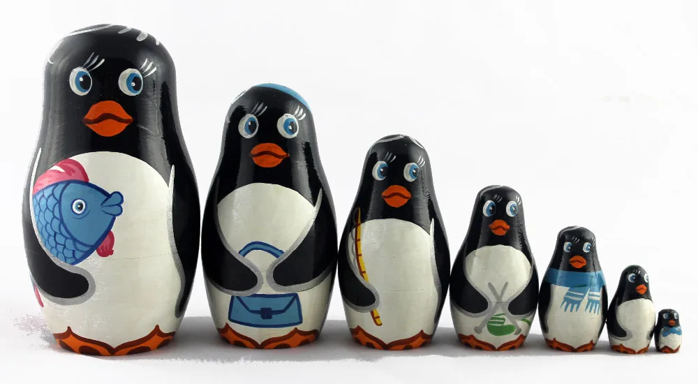 Cute Penguins 7pc Russian Nesting Stacking Wooden Dolls Handmade Matryoshka Babushka Model Toy Souvenirs Animals Sea Birds