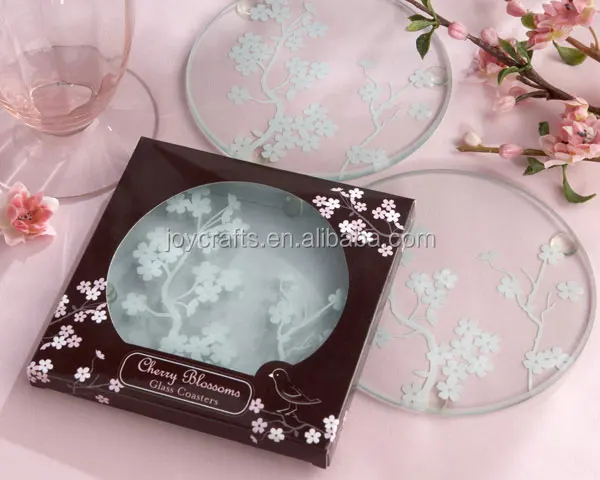 Wedding Favors Return Gift Cherry Blossoms Frosted Round Glass Coaster