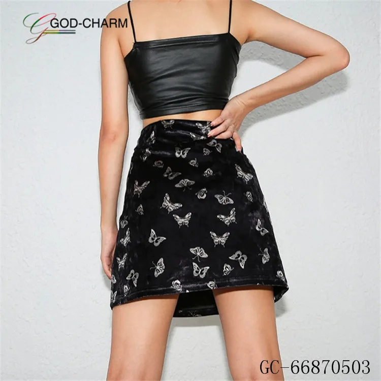 GC-66870503 Wholesale Women High Waist Velvet Pleated Skirts New Fashion Velvet Black Short Sexy Skater Skirt