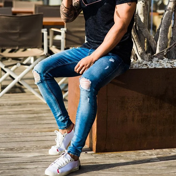 Royal wolf denim garment factory blue vintage acid wash destroyed hole slim jeans for men