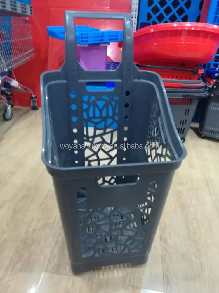 heavy duty supermarket rolling shopping basket with 4 wheels