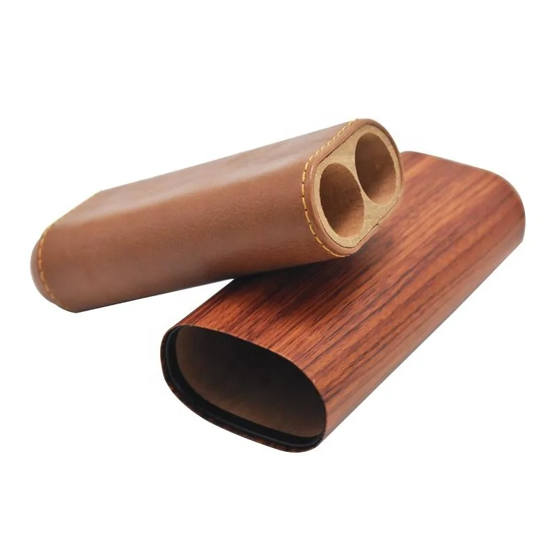 Leather 2 Tubes Cigar Case Portable Ebony Wood Mini Cigars Humidor