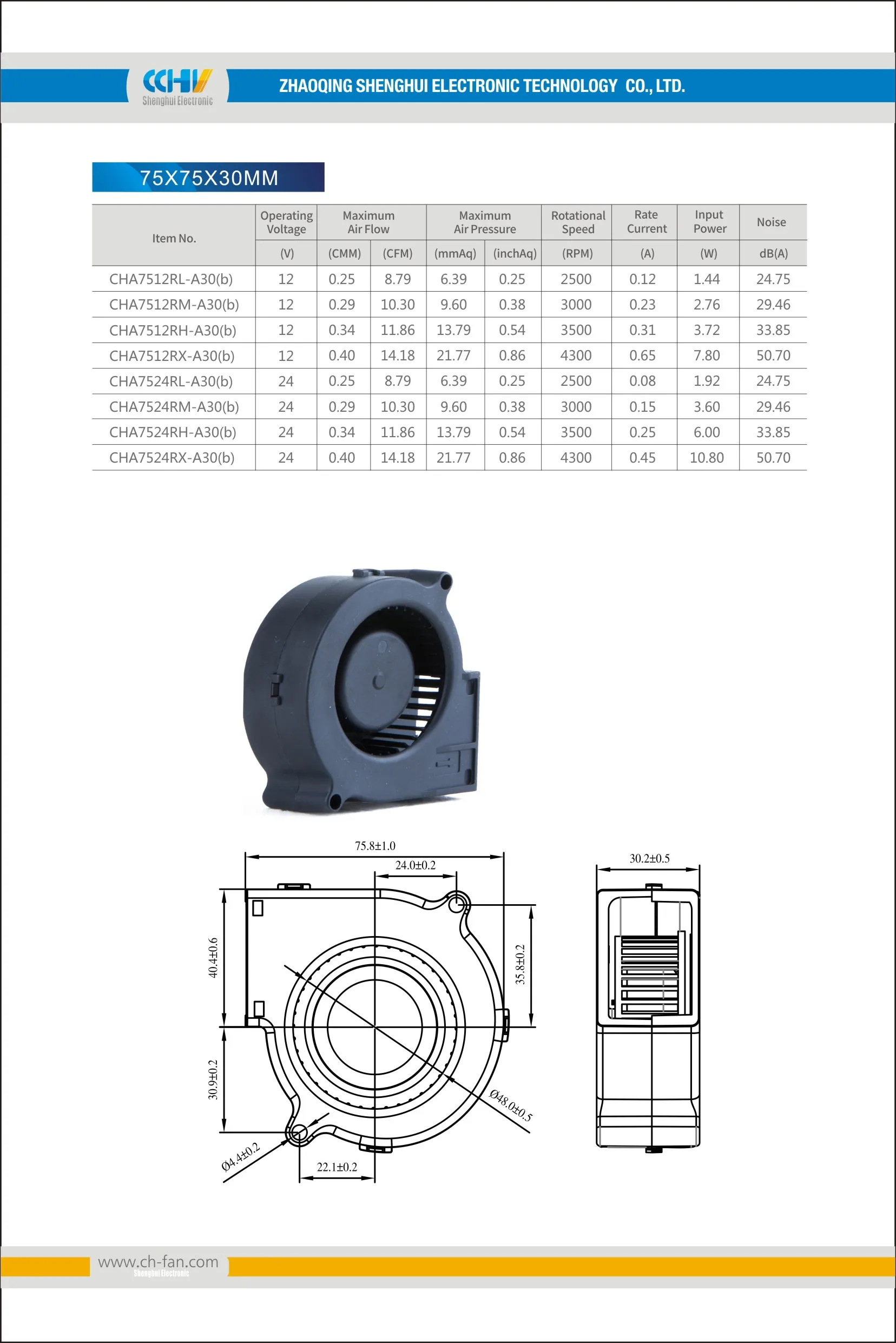 Shenghui 75 мм 7530 dc 24v 12v 5v бесщеточный высокоскоростной регулятор скорости вентилятор