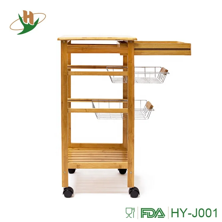 Home bamboo kitchen food delivery trolley with steel shelf