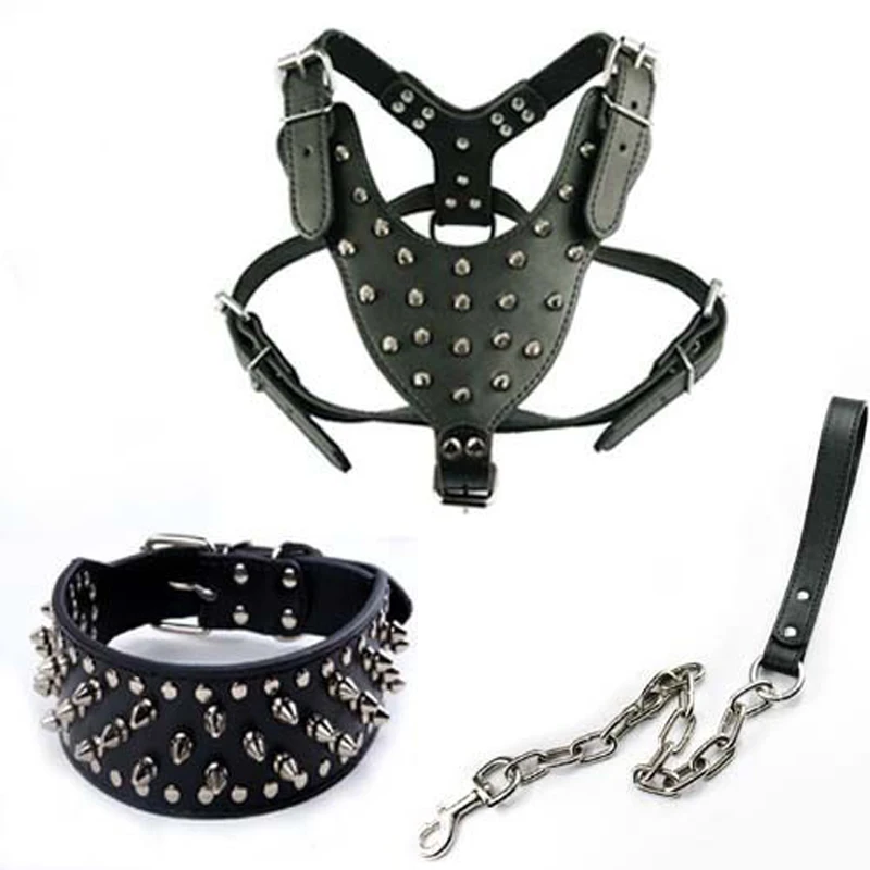 Wholesale OEM Manufacture PU Leather Dog Collar & Harness Leash Set Spiked Studded Pet Vest Accessories