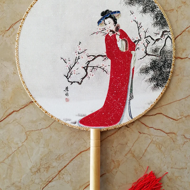 
Women Girls Vintage Chinese Wooden Handheld Round Hand Fan 