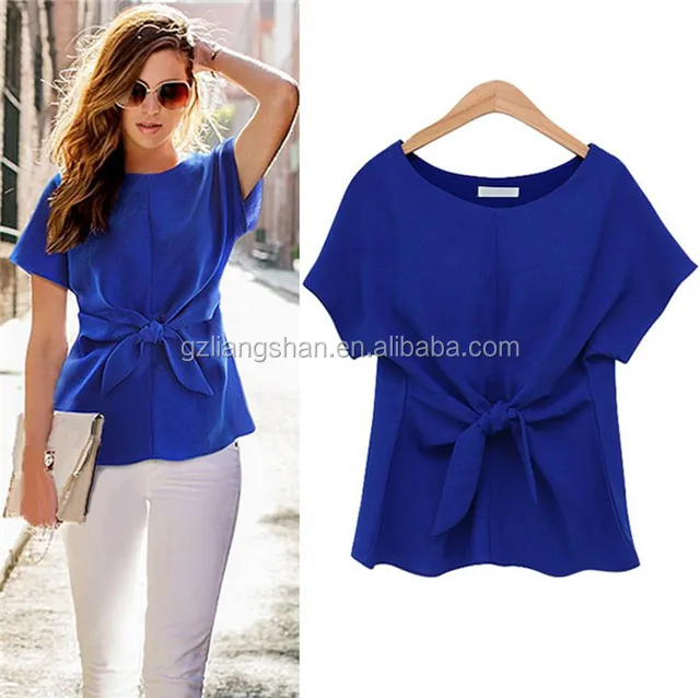 Korean Ladies Tops Latest Fashion Blouse Design 2015 Summer Short Sleeve T Shirt Blue White Women Chiffon Blouse
