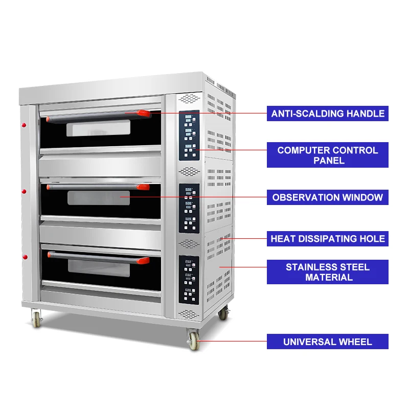 Commercial Kitchen Baking Bread and cake  /bread baking machine bakery equipment for three Deck Bakery Pizza Oven